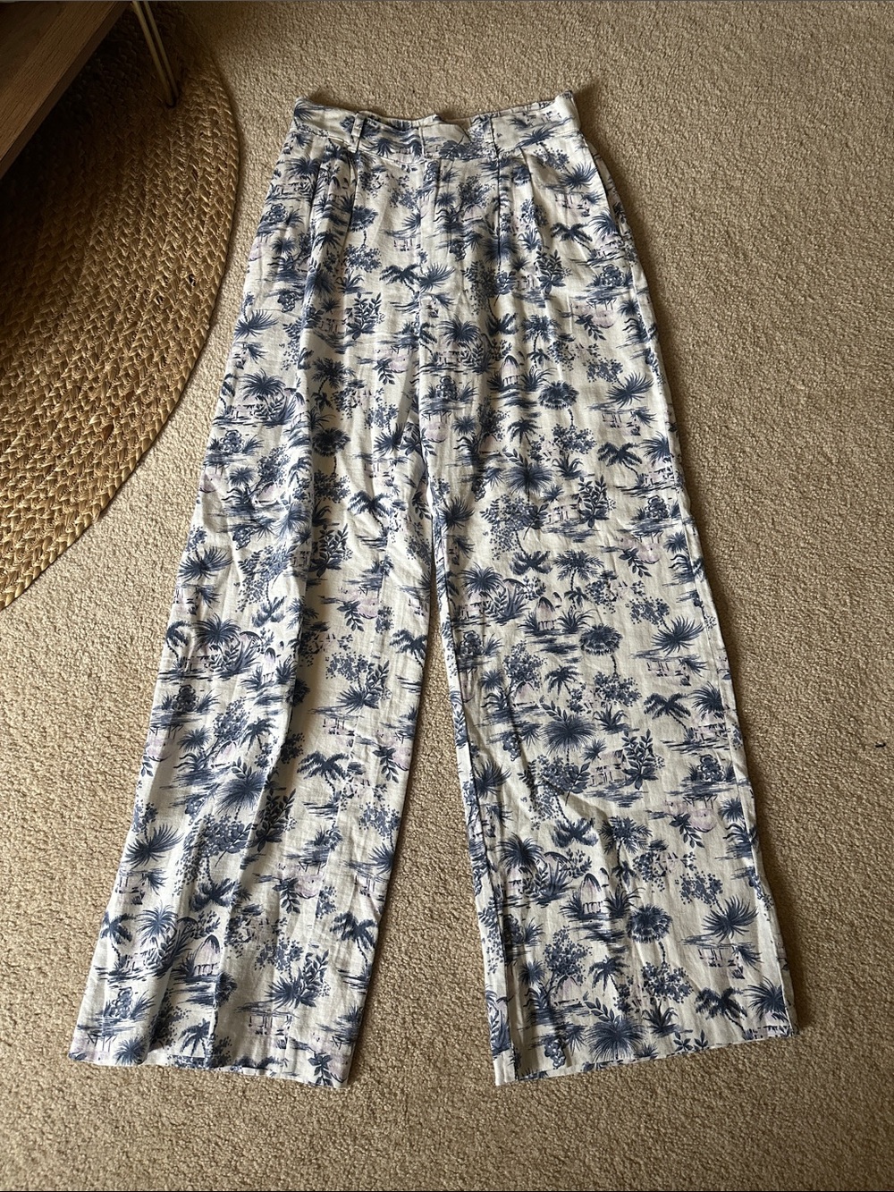 Wide-Leg Printed Linen Blend Pants - Blue/White